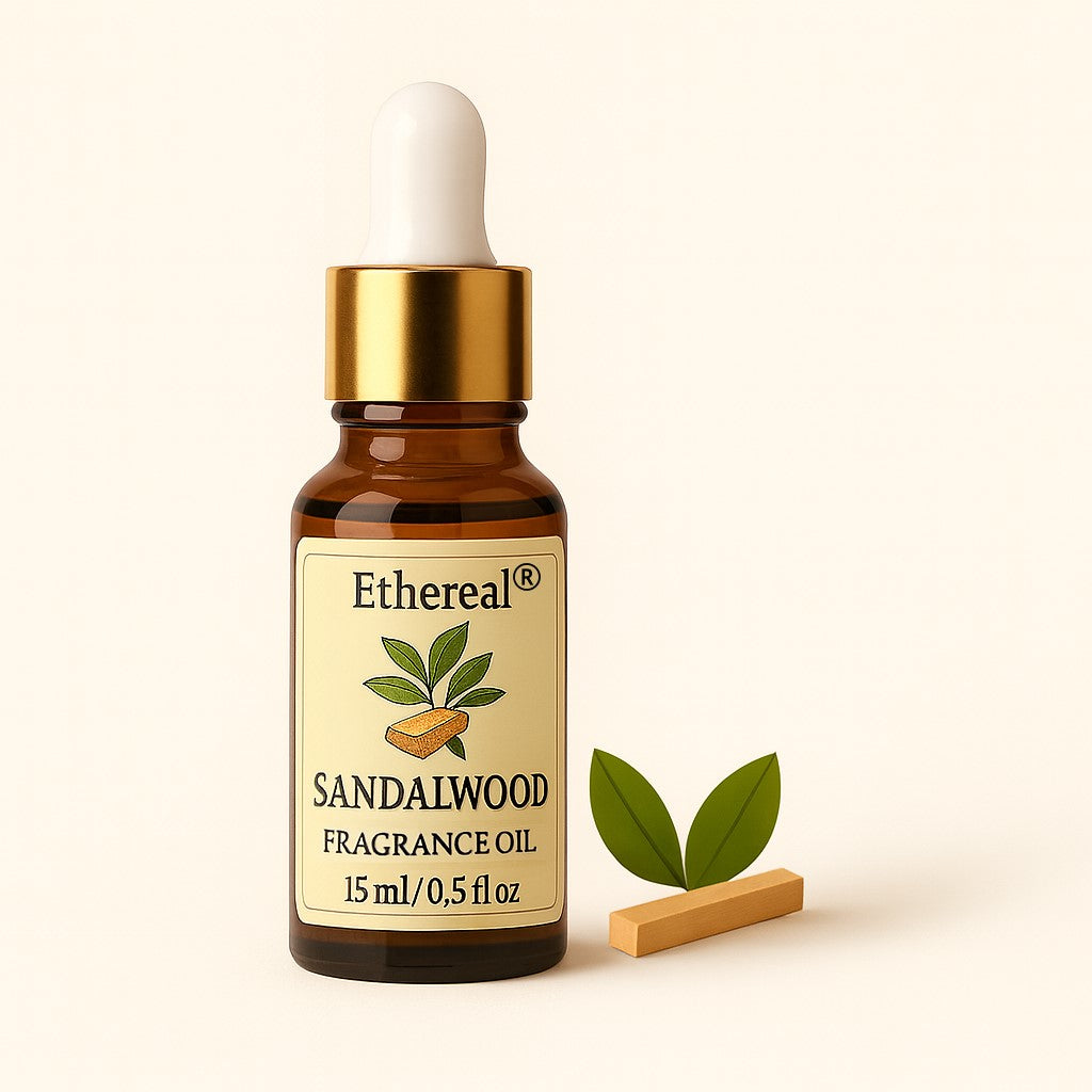 Ethereal Sandalwood fragrance oil bottle with dropper on a beige background