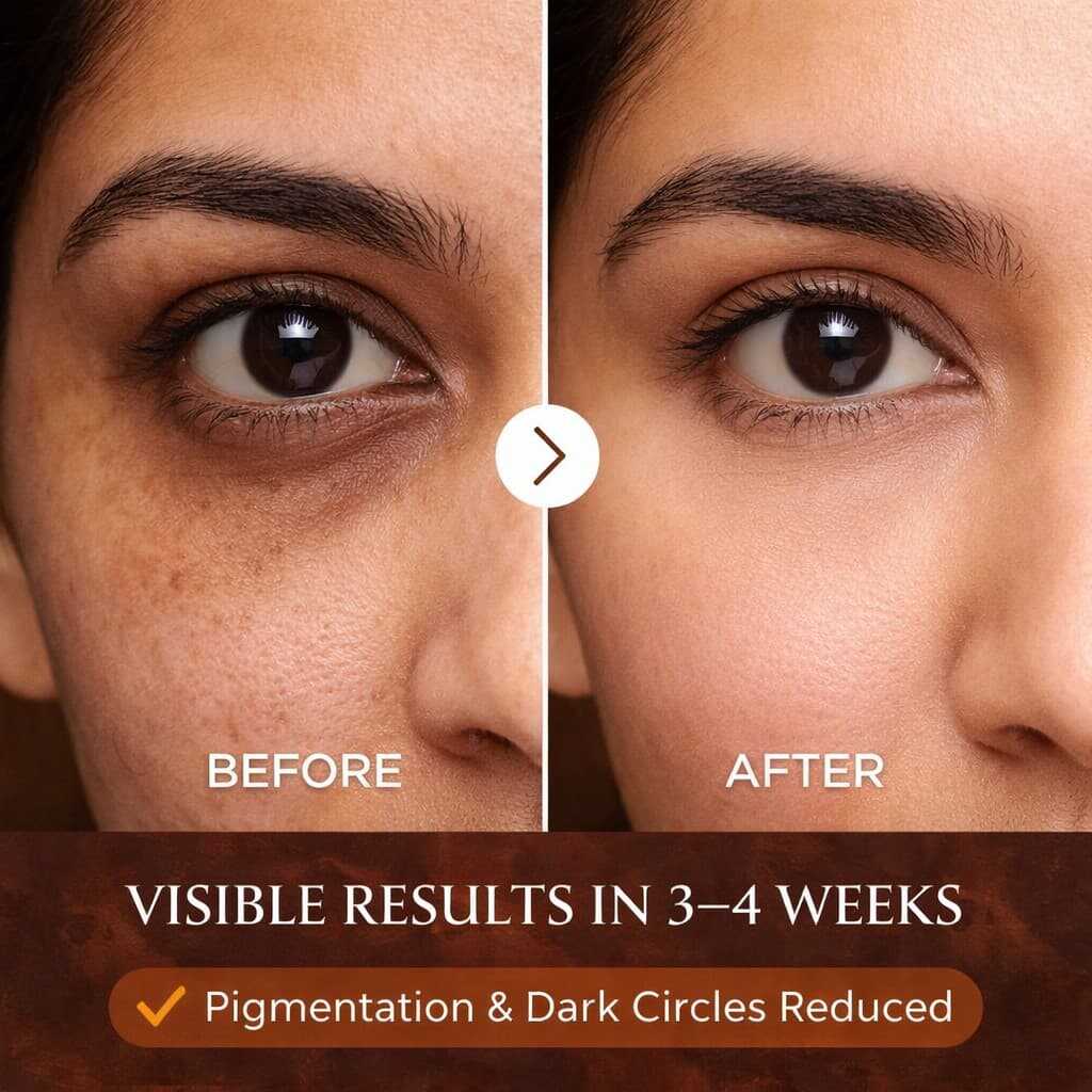 Before and after comparison of a woman's face after using Kumkumadi oil