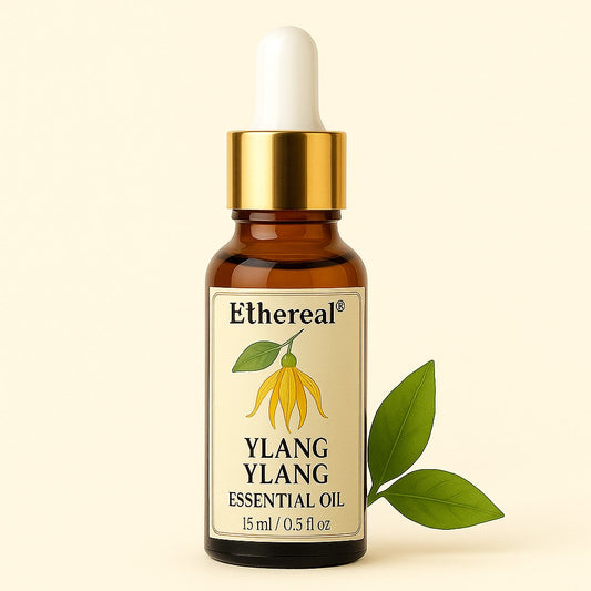 Ylang Ylang Essential Oil bottle with golden cap – 100% pure aromatherapy oil for relaxation, skin balance, and hair care"
